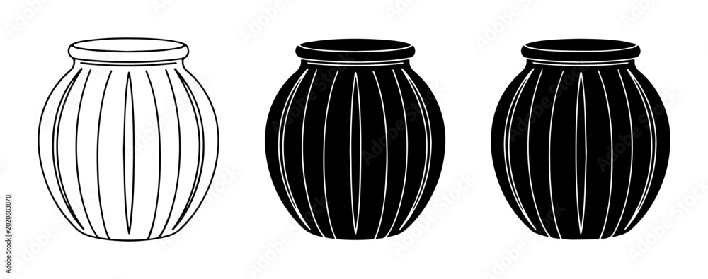 Fotografie Three Ceramic Pots, Outline and Solid Black, Decorative Vessels, Ancient Pottery