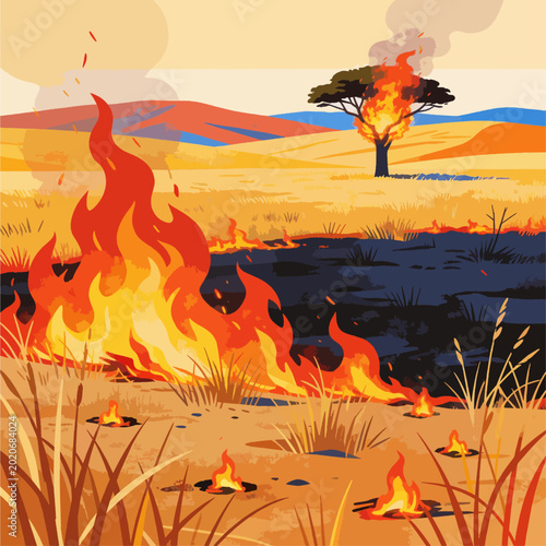 Quadro su tela Wildfire Spreading Across Dry Grassland, Flat Vector Landscape Illustration