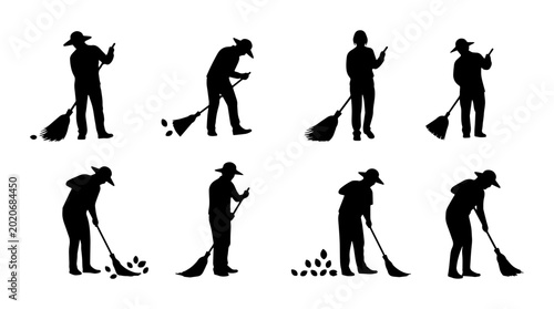 Tableau sur toile Street Sweeper Silhouettes: Worker Cleaning with Broom, Set of 8 Vector Icons fo