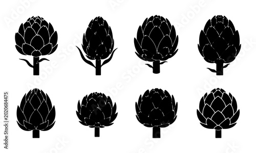Foto Artichoke Vector Icons Set, Fresh Vegetable Silhouettes, Healthy Food Graphics,
