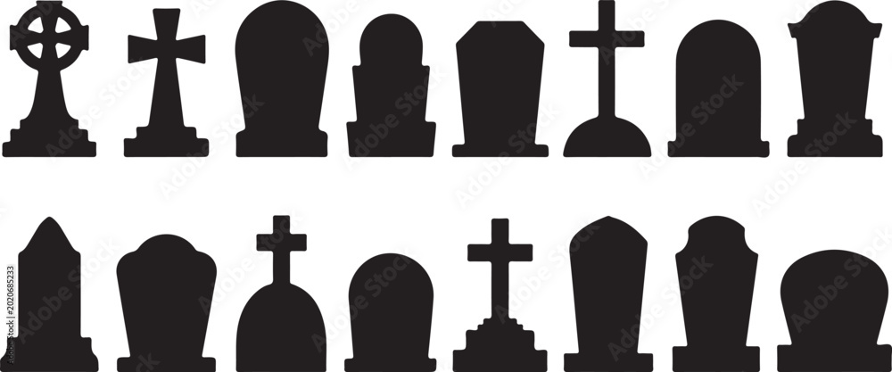 Fototapeta premium Set of gravestone silhouettes isolated on white background. Vector illustration