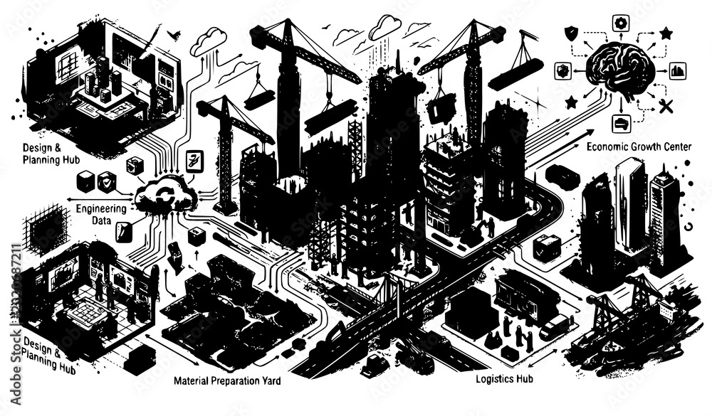 Obraz premium Futuristic Smart City Isometric Illustration Featuring Artificial Intelligence Urban Development Construction And Digital Technology Infrastructure