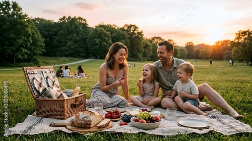 Happy Family Picnicking in Green Park During Sunset with Smiling Children and Casual Clothing