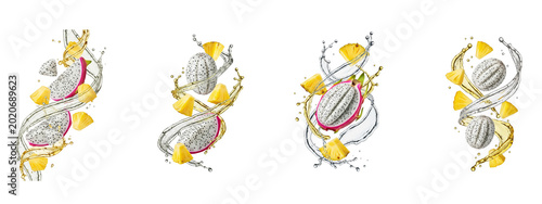 Dragon fruit and pineapple slices with water splashes on black background