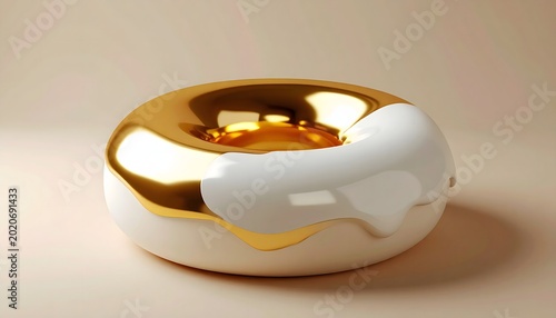 A luxurious and artistic donut-shaped sculpture, elegantly adorned with a striking contrast of gleaming gold and pristine white glossy glaze, presented on a subtle beige surface
