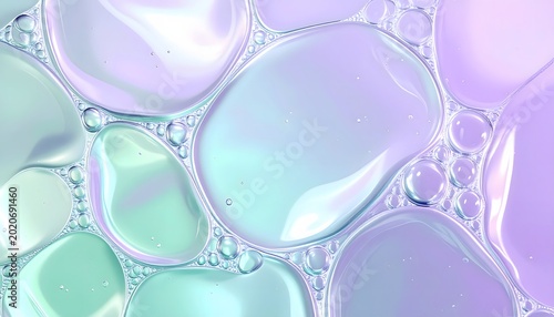 Abstract macro view of iridescent oil drops creating a mesmerizing pattern of soft pastel bubbles on a liquid surface, showcasing fluid dynamics and vibrant, shimmering colors