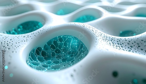 Close-up of a textured white surface revealing intricate glowing blue particles within cellular-like pockets, depicting the frontier of material science and biotechnological advancements