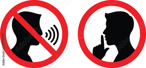 Silent please sign. Crossed person talking, Shhh icon in circle
