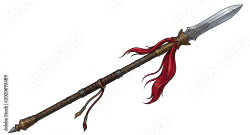 Bild auf Leinwand Asian fantasy combat spear with red tassels vector illustration isolated on whit
