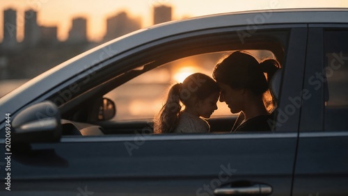 Warm family silhouette in car at sunset, blurred city backdrop creating a cozy atmosphere.