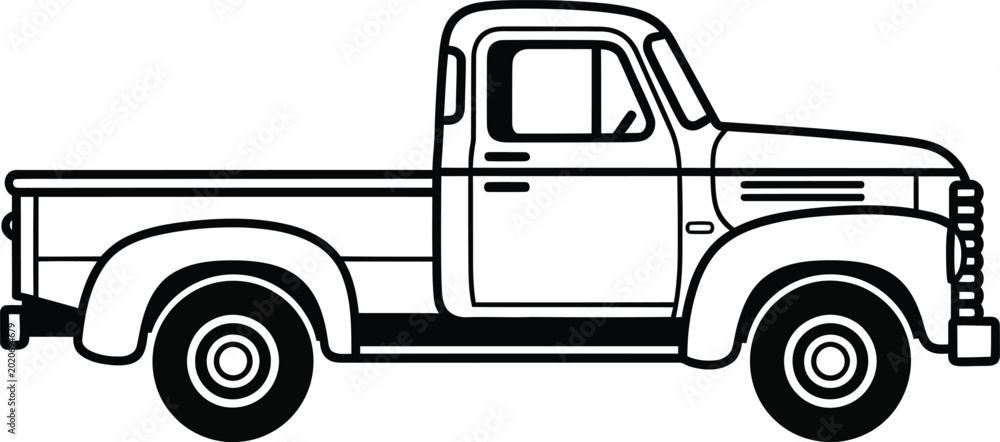 Fototapeta premium Black and white line art illustration of a pickup truck side view