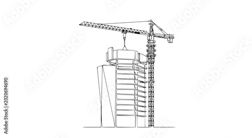 Fotografie Outline drawing of a tower crane lifting a building section at a construction site