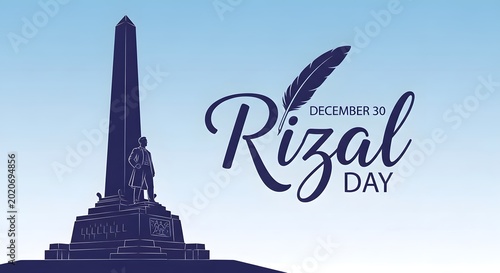 Rizal day commemorative graphic featuring the jose rizal monument in manila with a quill pen icon on a light blue gradient background