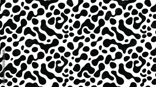 Seamless pattern with black amoeba-like organic shapes and dots on a white background, for textile and