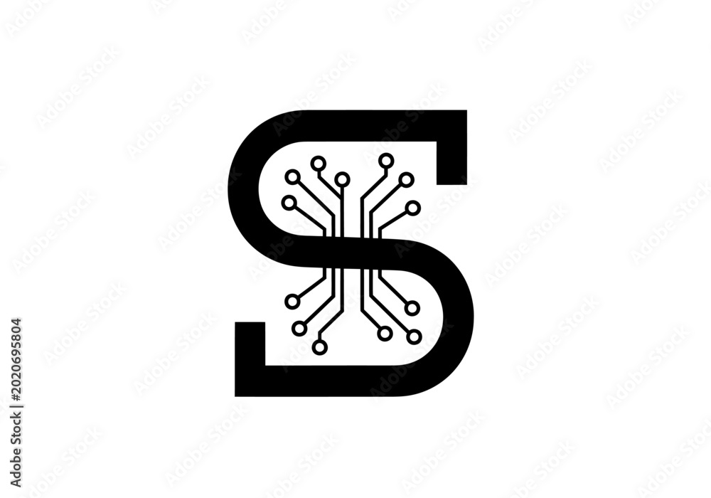 Foto Modern letter S logo with integrated circuit board pattern.