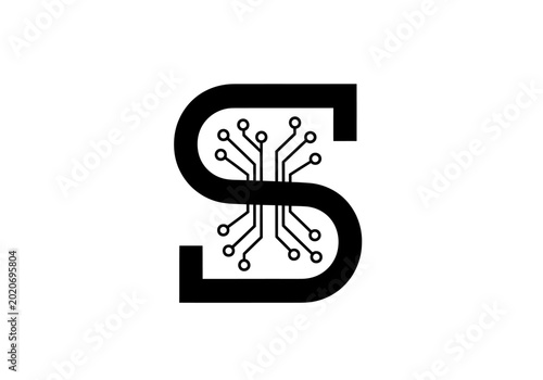 Foto Modern letter S logo with integrated circuit board pattern.