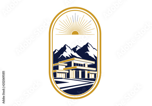 Modern luxury house mountain landscape badge logo.