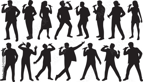 Schilderij op canvas Singing Silhouette, Singer male and female silhouette, man and woman singing wit