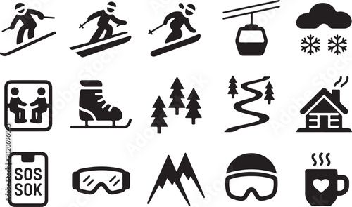 Ski resort icons black silhouettes