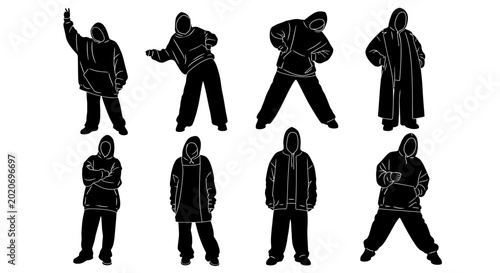 Set of eight diverse people in hooded sweatshirts, urban fashion poses