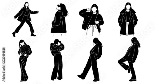 Set of fashion silhouette illustrations of young women in winter coats