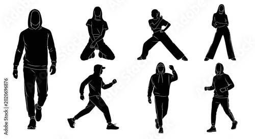 Set of black silhouettes of people in diverse casual poses