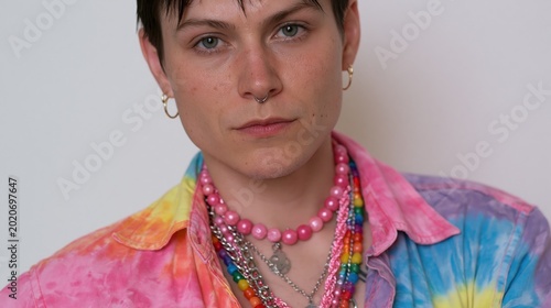 Young and beautiful trans person with piercing. Their pronouns: they, them