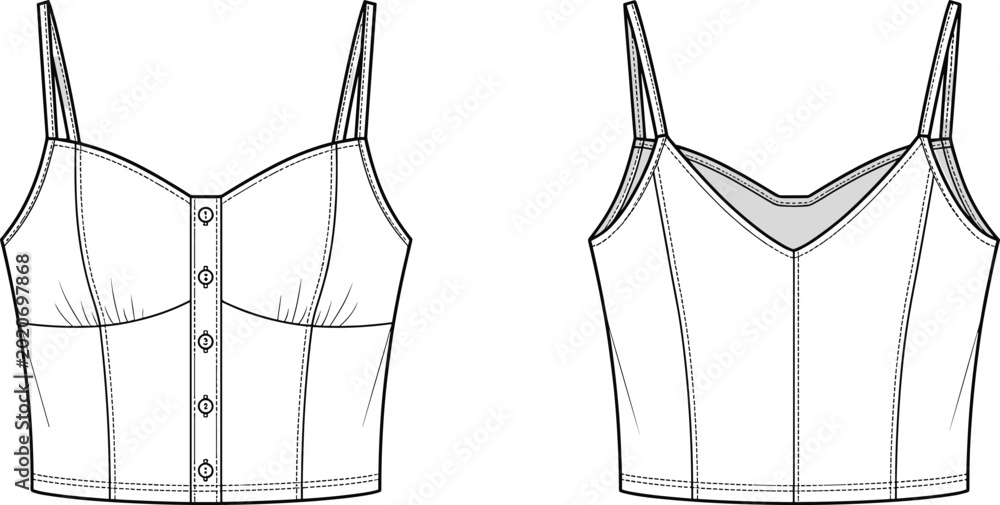 Ταπετσαρία Women cropped camisole top front and back technical vector illustration for fash
