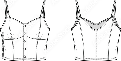 Schilderij op canvas Women cropped camisole top front and back technical vector illustration for fash