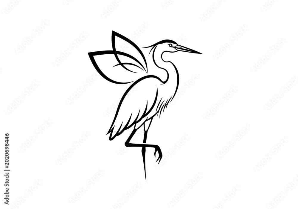 Obraz premium Stylized black crane bird standing on one leg logo.