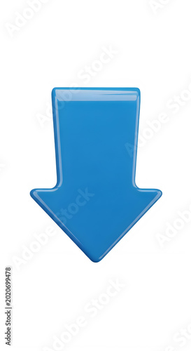 Bold downward pointing arrow icon in solid blue isolated on transparent background