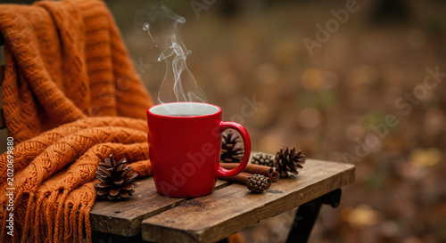 Hot steaming coffee mug on wooden table with blanket and pinecones  