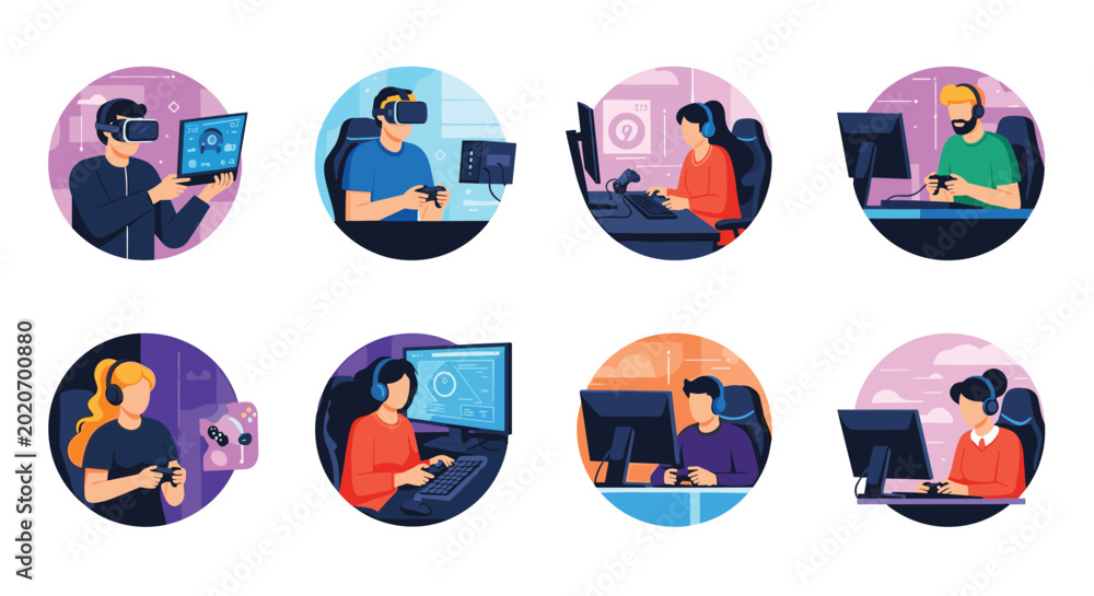Fototapeta premium Diverse group of professional gamers and streamers engaged in online video games and virtual reality experiences.