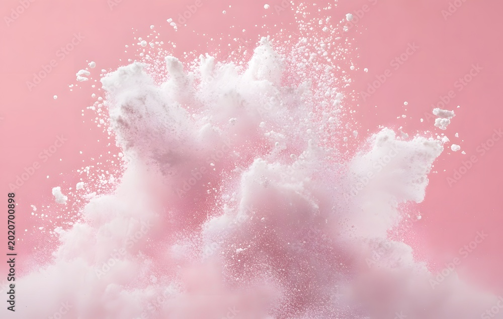 Obraz premium Abstract cloud shape formed by exploding white dust on pink. 