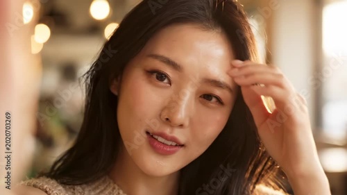 Beautiful young Asian woman vlogging and taking a selfie in a warm sunlit cafe