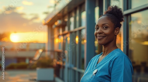 Female doctor or nurse standing outside near hospital building at sunset, professional healthcare worker after shift, medical career, dedication and wellness support concept.