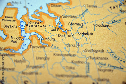 Bild auf Leinwand Geographical Location of Dudinka on World Map with Defocused Background