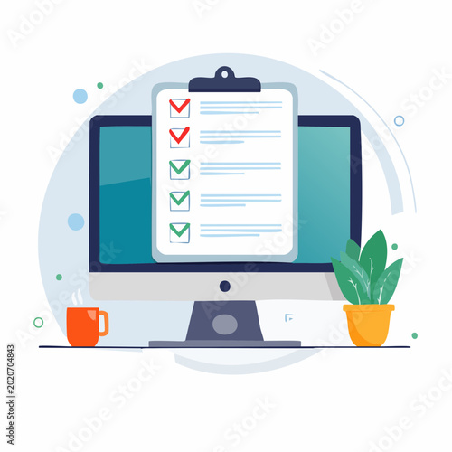 Computer Screen with Checklist and Coffee Cup