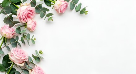Pink rose flowers with green eucalyptus leaves on a white background