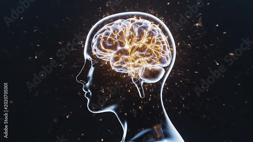 Digital illustration of a glowing brain inside transparent human head
