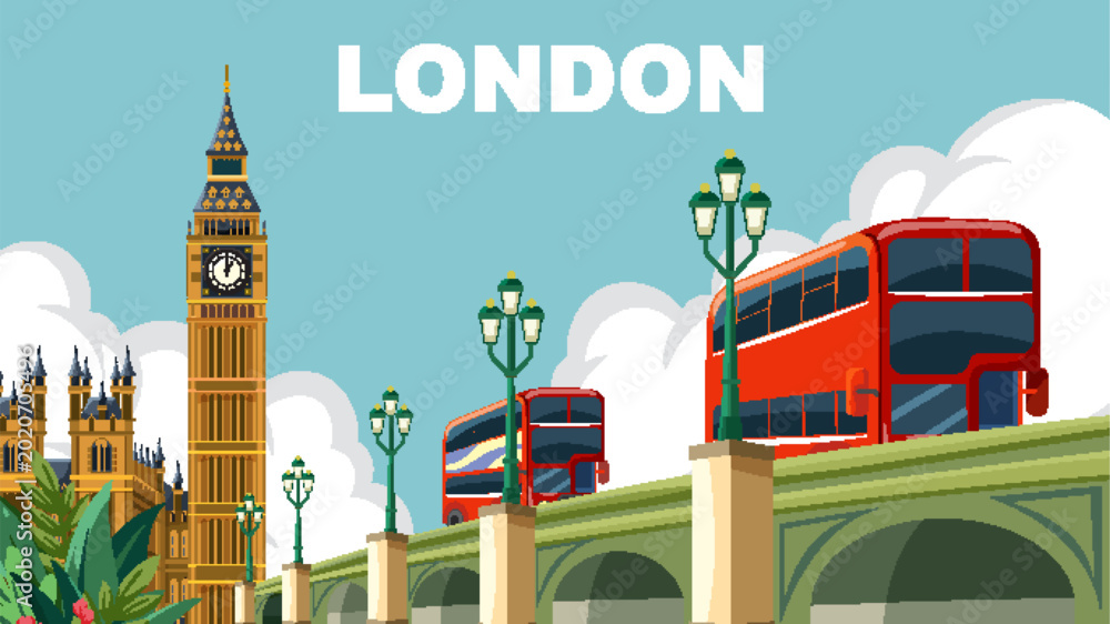 Εκτύπωση καμβά Flat Design London Travel Poster with Westminster Bridge and Big Ben