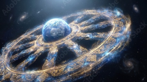 Cosmic Dharma Wheel Cosmic Dharma Wheel encircling Planet Earth in the galaxy, a spiritual concept of universal law, karma, and Buddhist enlightenment against a starry nebula background cinematic