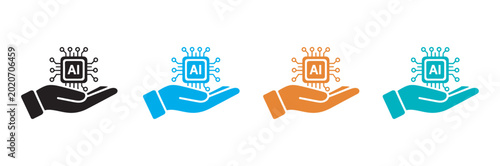 Картината върху платно AI powered icon set, hands holding tech chipset with vibrant colors, machine lea