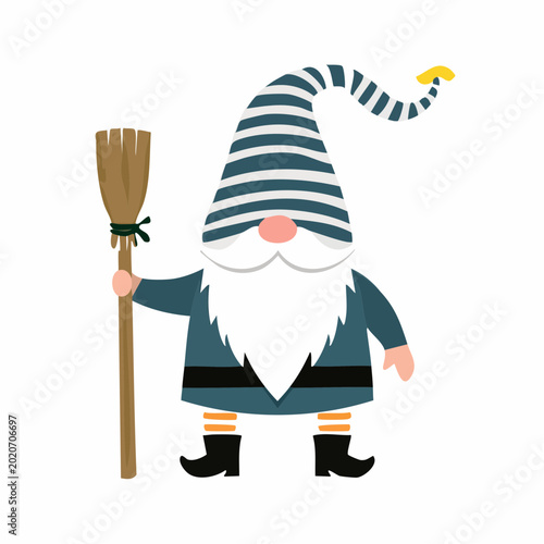 Cartoon Gnome Holding a Broom