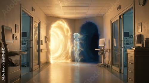 Conceptual Death Experience Conceptual near death experience of a soul at a crossroads, choosing between a glowing portal to the afterlife and darkness in a sterile hospital corridor cinematic