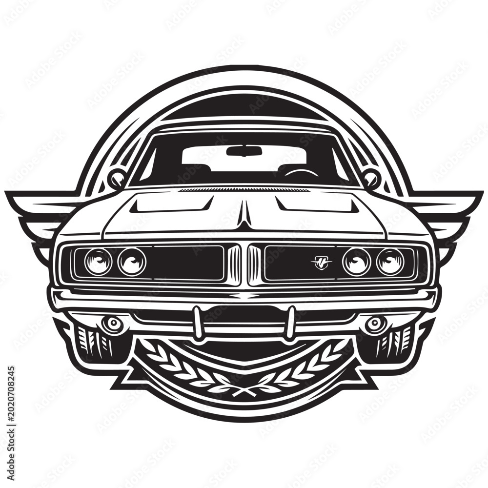 Obraz premium Vintage muscle car emblem with wings and laurel wreath illustration.