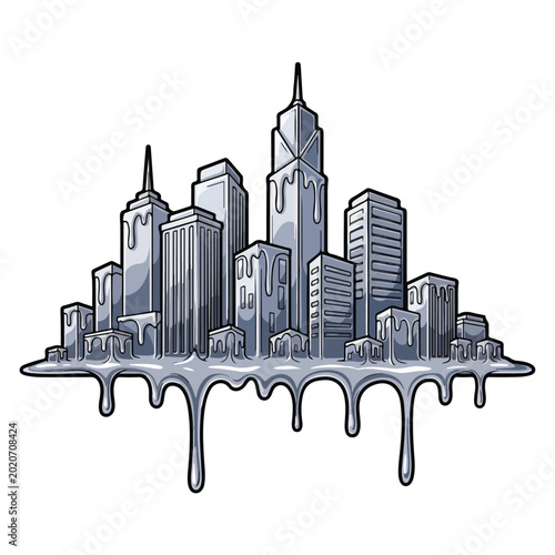 Cityscape with melting buildings on white background
