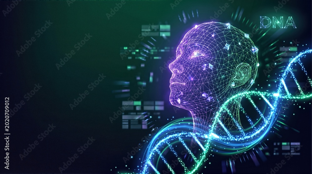 Fototapeta premium Innovative Bio-Tech Fusion: Advanced AI Wireframe Profile Integrated with Luminescent DNA Helix Structure on a Sophisticated Emerald Green Background for Premium Science Reports