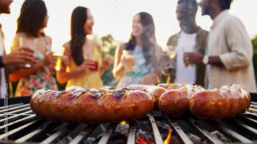 Diverse friends enjoying backyard barbecue party with grilled sausages