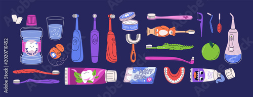 Dental oral hygiene tools icons set. Accessories for mouth cleaning and teeth...